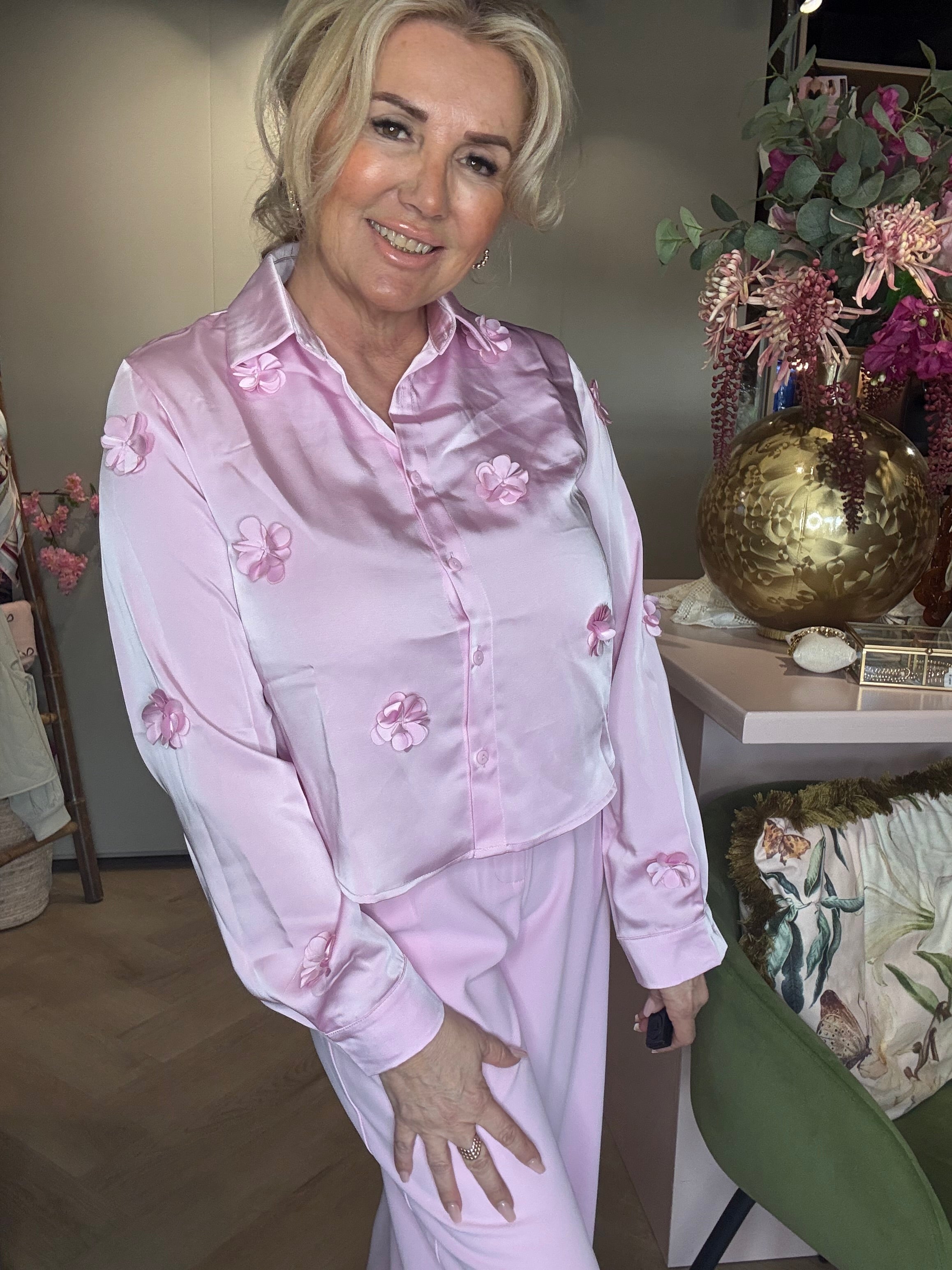 Blouse Satijn Look Bloemen Roze